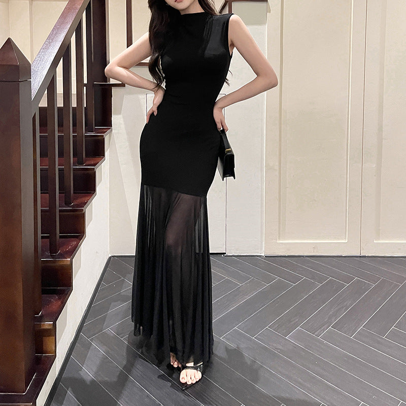 Knitted mesh slim-fit patchwork maxi dress