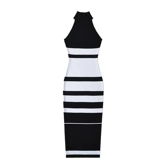 Sweater Dress For Women Sleeveless O-neck Patchwork Color Knitted Stretchable Slim Midi Dresses
