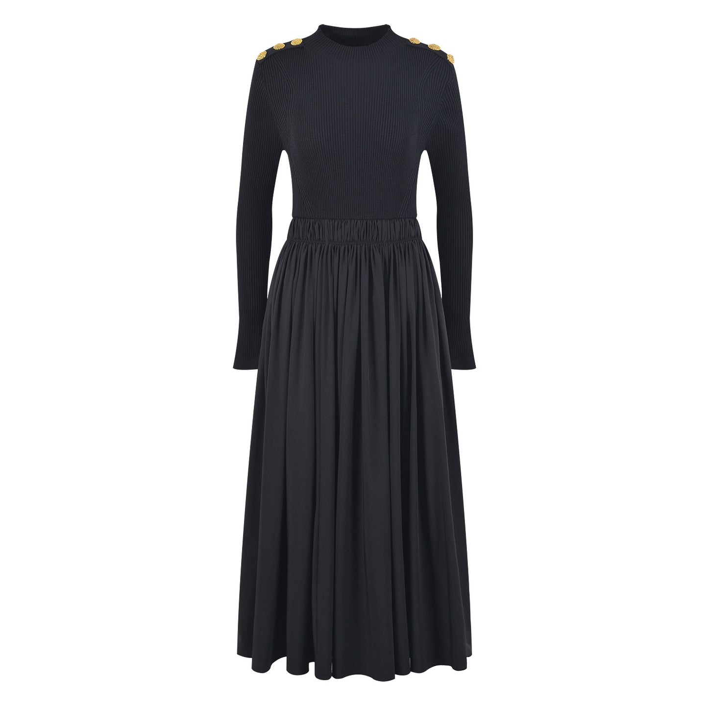 Luxury Gold Buttons Knitted Sweater Long Dresses for Women Vintage Elegant Long Sleeve Maxi Dress Autumn Winter Clothes