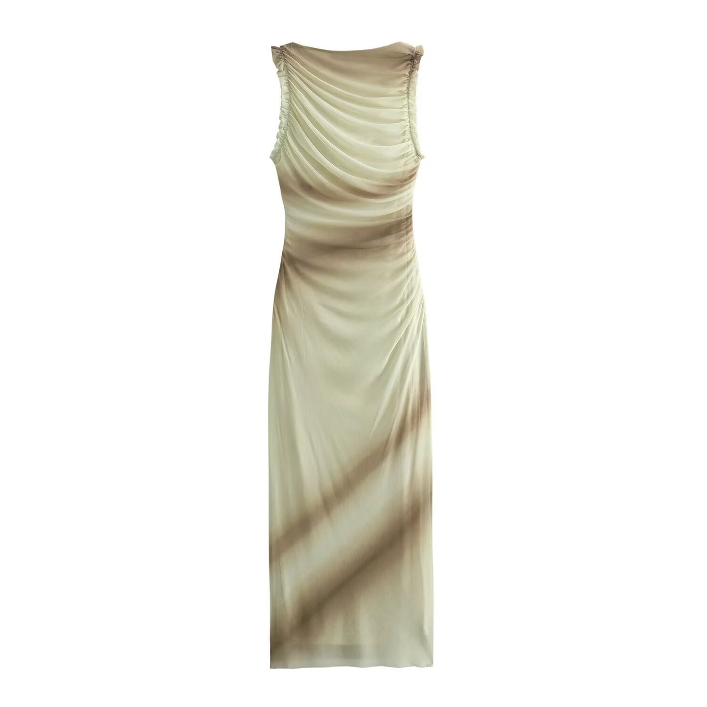 Printed tulle pullover round neck sleeveless pleated maxi dress
