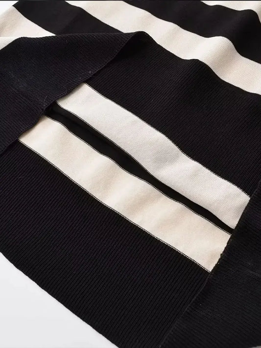 Autumn Winter Dress Women O Neck Striped Knitted Sweater Midi Dresses Loose Casual Simple Female