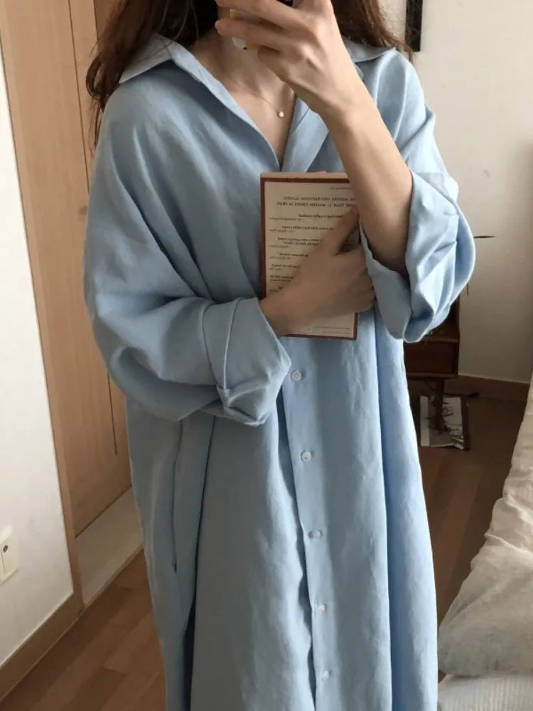 Summer Oversize White Shirts Dresses New Single Breated Casual Loose Dresses Female