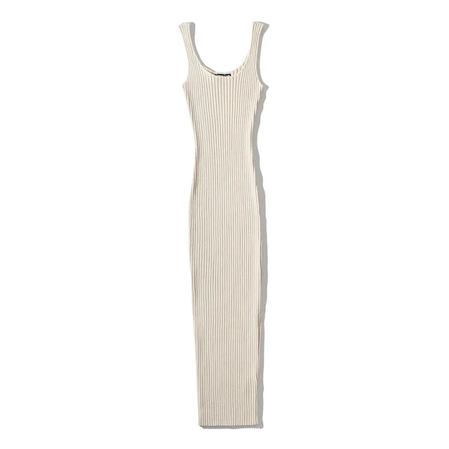 Summer Rib Knitted Stretchable Slim Midi Dress Women Sleeveless O-neck  Dresses robe femme