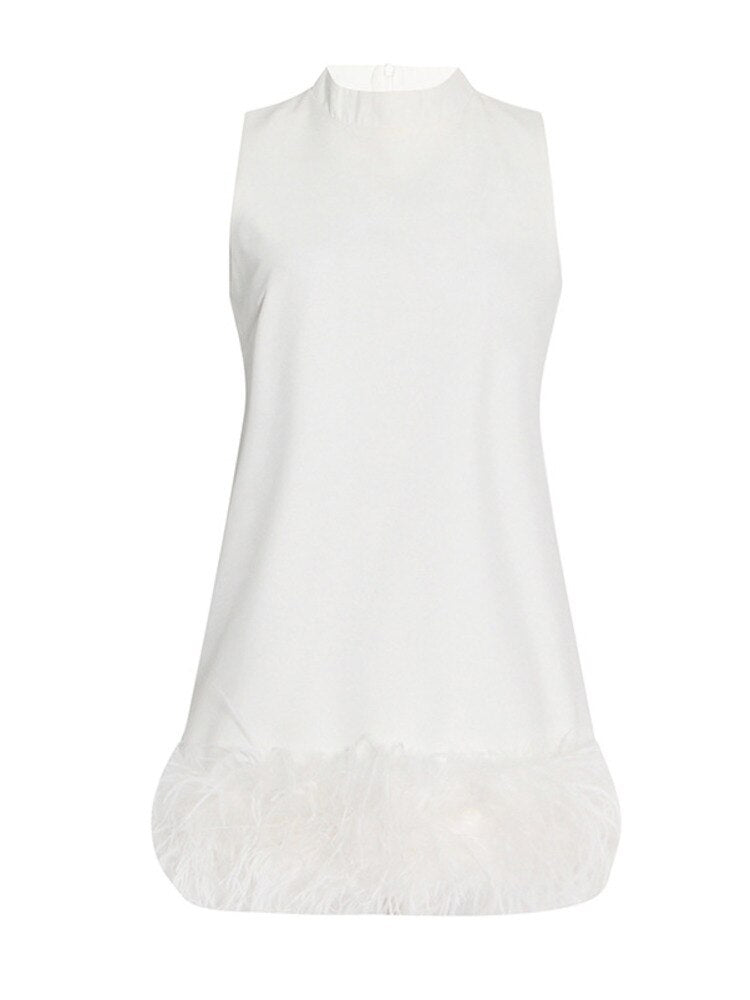 Fashion Women's Dress New Round Neck Loose Sleeveless Solid Color Spliced Feather Mini Dresses Female Autumn