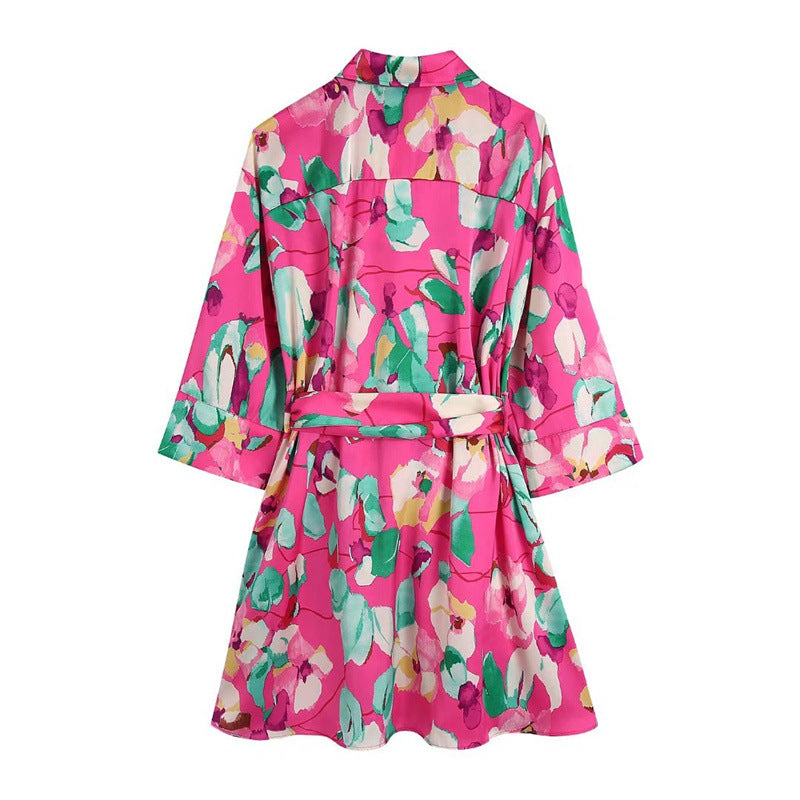 Women Dress Traf Fashion With Belt Floral Print  Mini Dress Vintage Long Sleeve Female Elegant Dresses