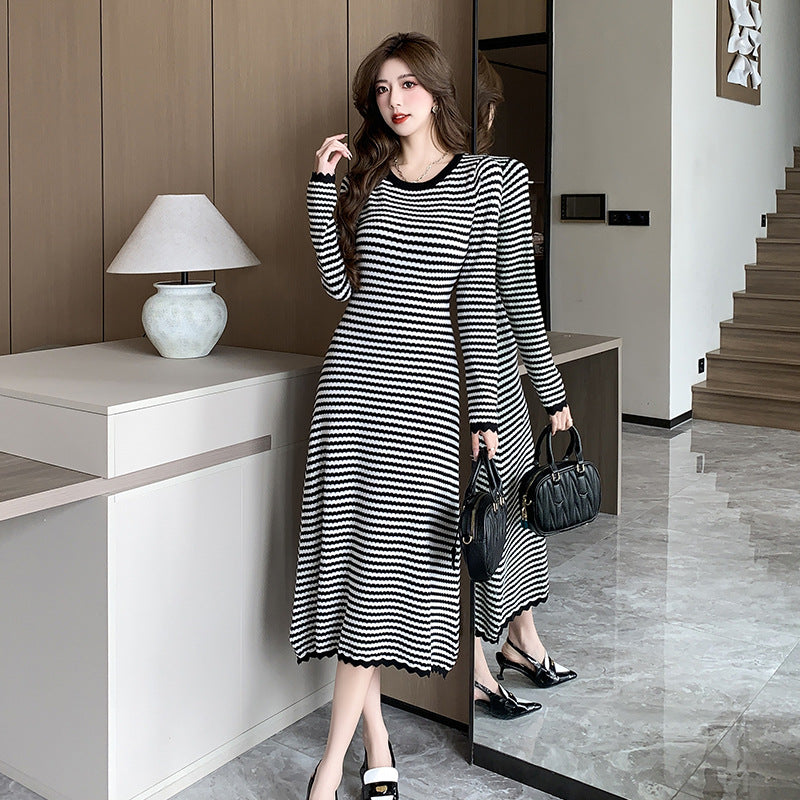 Elegant Workwear Striped Knit Long Maxi Dress Women Spring Flare Sleeve O-neck Dresses Casual Fashion Basic Vestidos Mujer