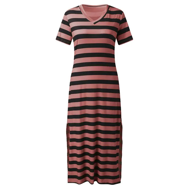 Womens Stripe Print Summer Dress Short Sleeve V Neck Casual Loose Long Dresses Bohemian Beach Split Maxi Vestidos Robes Longues