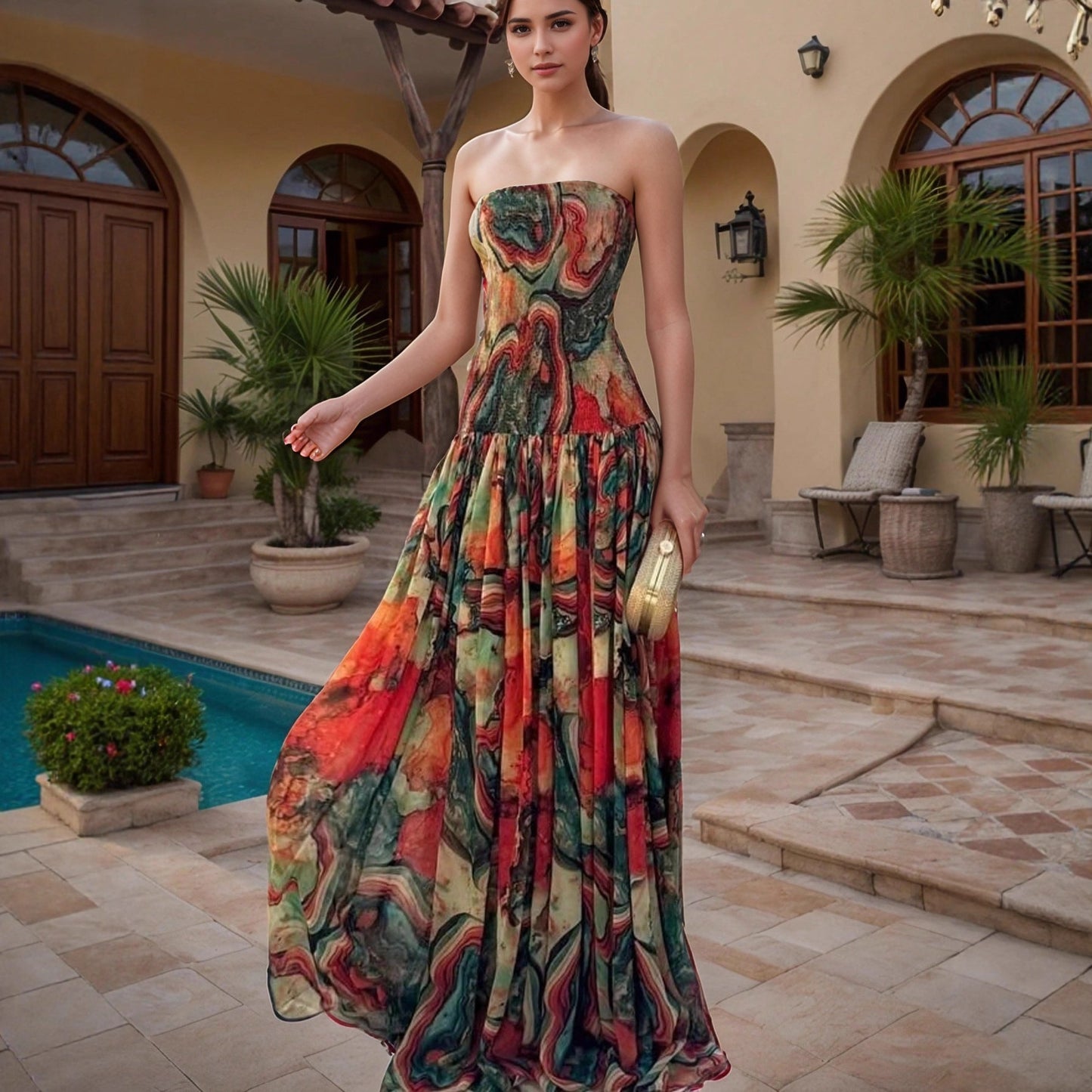 Elegant Printed Wrap Bodysuit Fitted Maxi Dress with Flared Skirt for Women