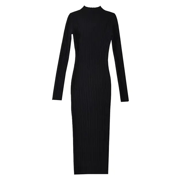 Women O-neck Long Sleeve Party Dresses Knitted 4 Colors Stretchable Slim Midi Dresses vestido feminino