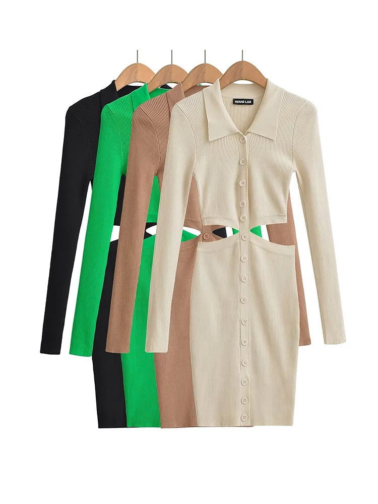 Women Hollow Waist Mini Dress Long Sleeve Turn-down Collar Buttons Knits Elastic Slim Dresses