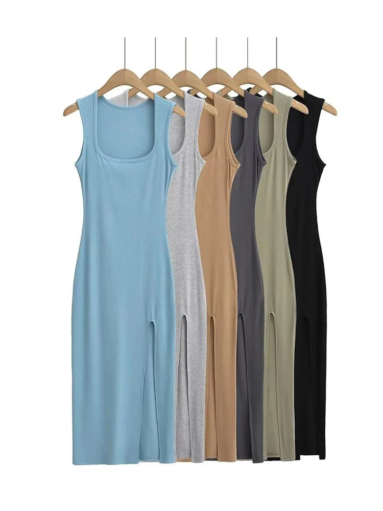 Summer Square Collar High Split Midi Dress Women Knits Stretchable Slim Dresses