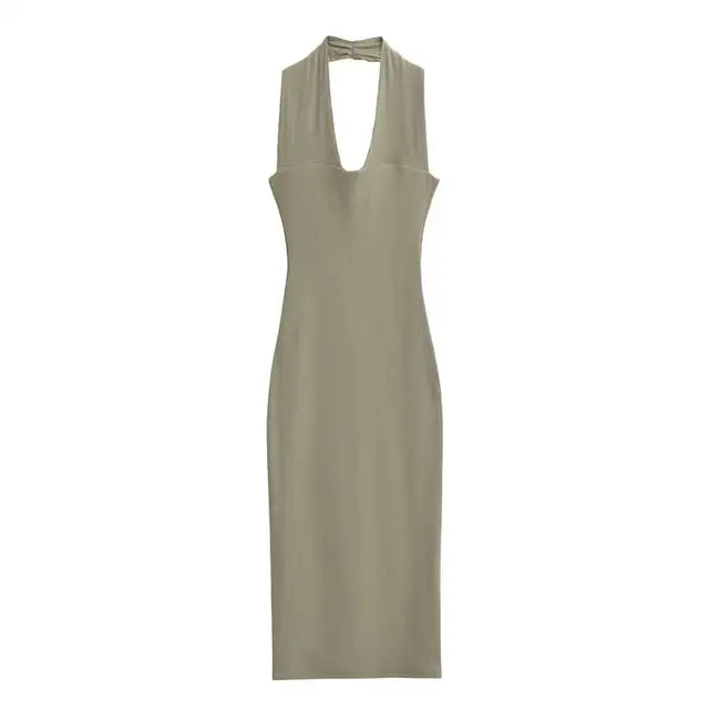 Summer Sexy Halter Deep V-neck Midi Dress Women Backless  Knits Elastic Slim Dresses
