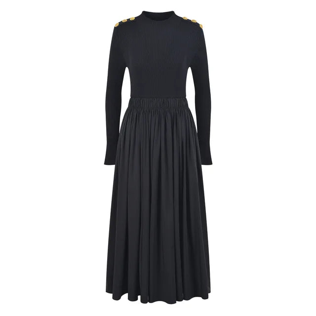 Luxury Gold Buttons Knitted Sweater Long Dresses for Women Vintage Elegant Long Sleeve Maxi Dress Autumn Winter Clothes