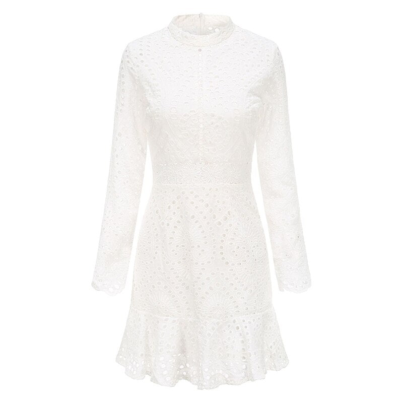 Elegant White Lace Embroidery Mini Party Dress Long Sleeve Ruffle Hollow Out Office Dress Vintage Slim Short Formal Dresses