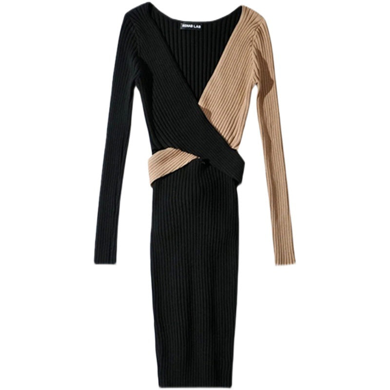 Women Khaki Patchwork Black Dress  Long Sleeve Knitted Elastic V-neck Mini Dresses Slim Dress