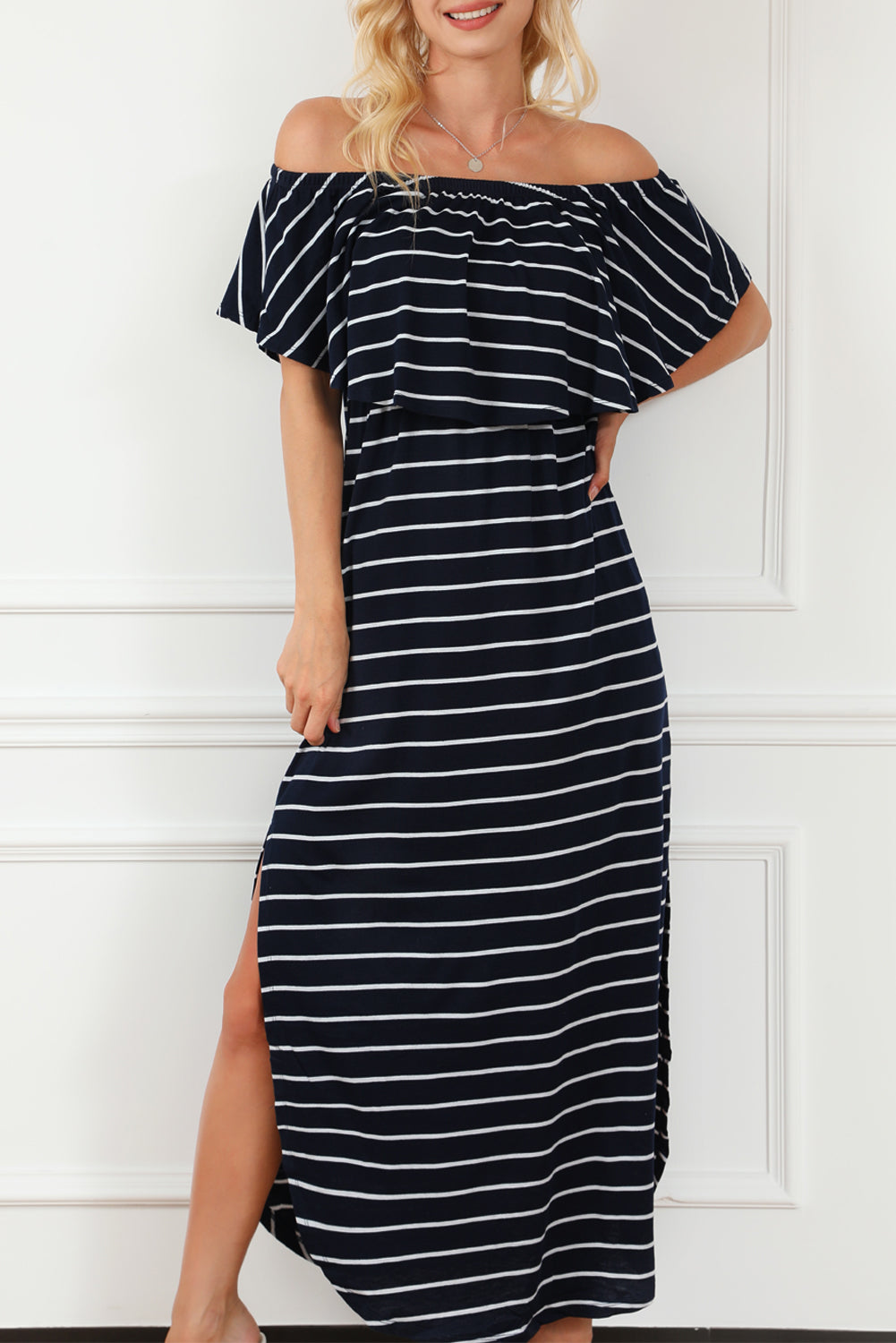 Blue Striped Print Ruffled High Waist Maxi Dress with Side Splits