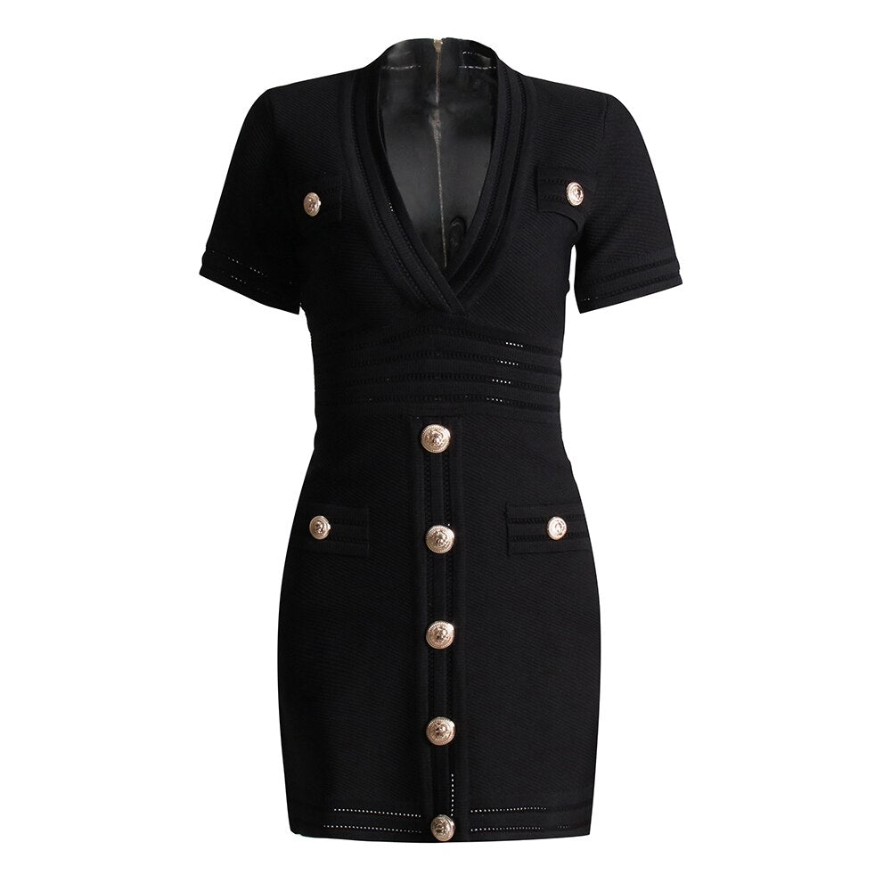 Elegant Black Dress For Women Notched Collar Short Sleeve Solid Mini Dresses Female Summer Clothing Fashion
