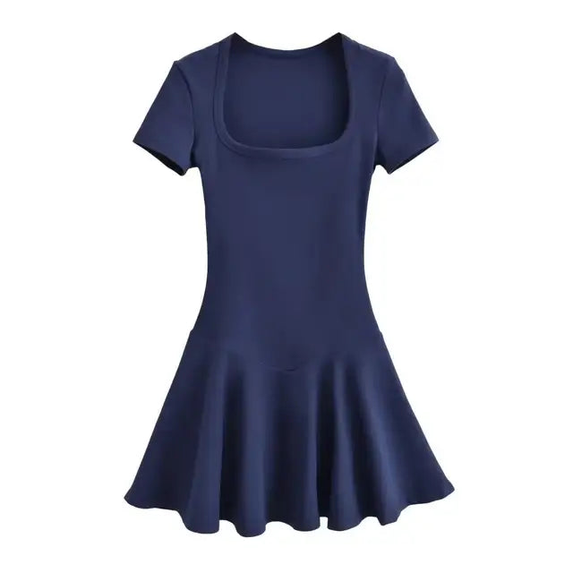 Summer Short Sleeve Square Collar Sports Dress With Shorts Women 4 Colors A-line Mini Dresses