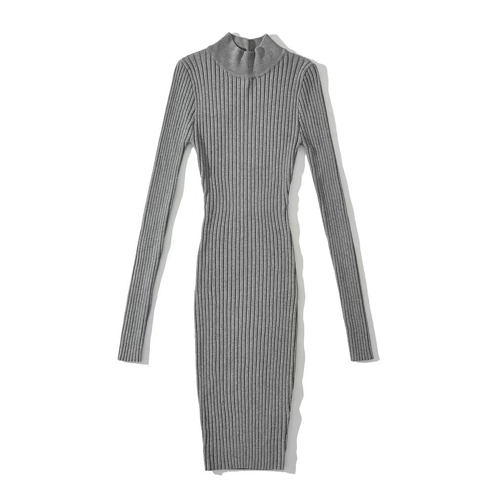 Fashion Women's Dress Stand Collar Slim Back Button Backless Long Sleeve Mini Knitted Dresses Autumn New