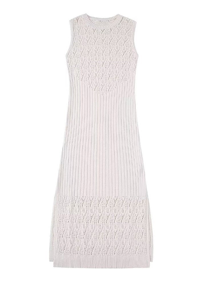 Women Sleeveless Knitted Slim Crochet Woven Dresss Fashion Cut Out Slim Split O Neck Long Dresses Hollowed Holiday Maxi Robe