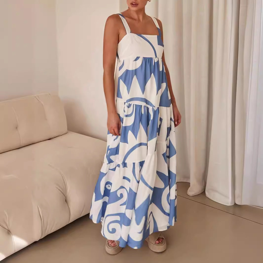 Chiffon Printed Pleated Maxi Dress with Straps and Flared Skirt
