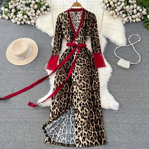 Fashion Dresses for Women Temperament Leopard Roint Sexy Korean Robe Femme Vestidos De Mujer Slim Waist Bodycon Maxi Dress