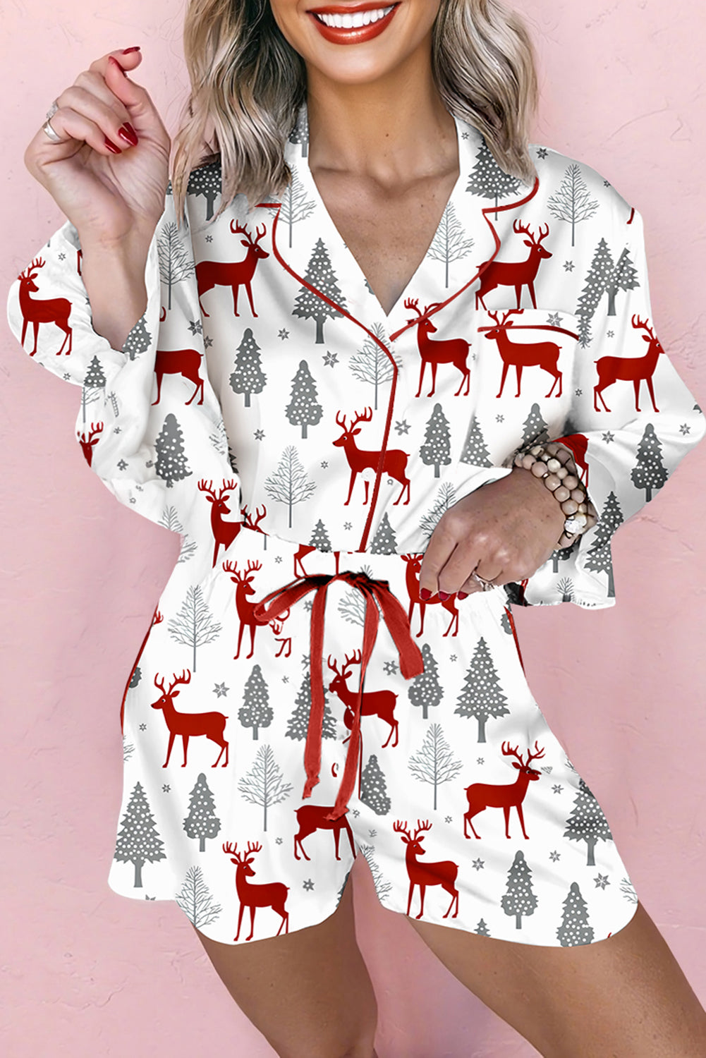 White Christmas Fashion Print Velvet Trim Bow Knot Pajama 2pcs Short Set
