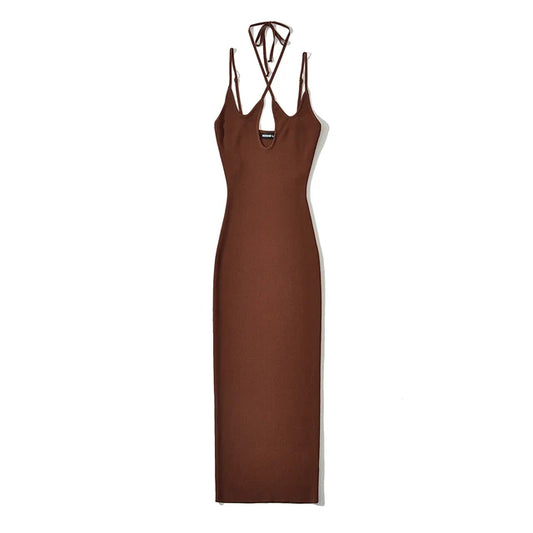 Summer Cross Halter Midi Dress Women Sleeveless Knitted Stretchable Slim Dresses