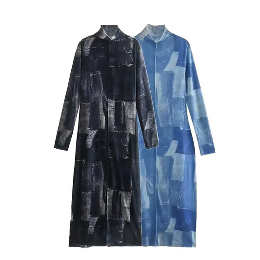Women's Fashion Y2K Turtleneck Collar Tie Dye Mesh Dress Long Sleeve Casual Slim Midi Chic Long Dresses Vestidos Mujer