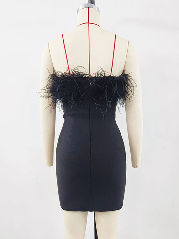 Solid Patchwork Feathers Slimming Mini Dresses For Women Strapless Sleeveless High Waist Bodycon Dress Female New