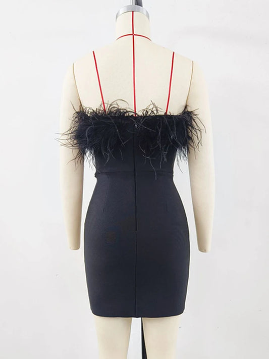 Solid Patchwork Feathers Slimming Mini Dresses For Women Strapless Sleeveless High Waist Bodycon Dress Female New