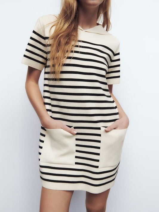 Female Striped Knitting Mini Dresses Spring Autumn Elegant Sailor Collar Dress Short Sleeve Preppy Style Vestidos