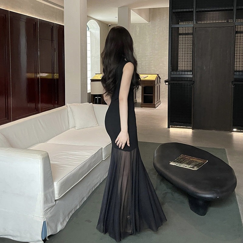 Knitted mesh slim-fit patchwork maxi dress