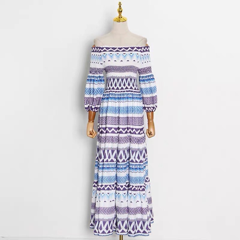 Slash Neck Midi Dresses For Women Vintage Casual Geometric Striped Print Party Night Dresses Summer Clothes