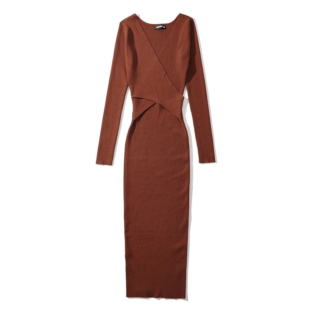 Women Long Sleeve Cross V-neck Dress  Elastic Slim Midi Solid Color Dresses robe femme