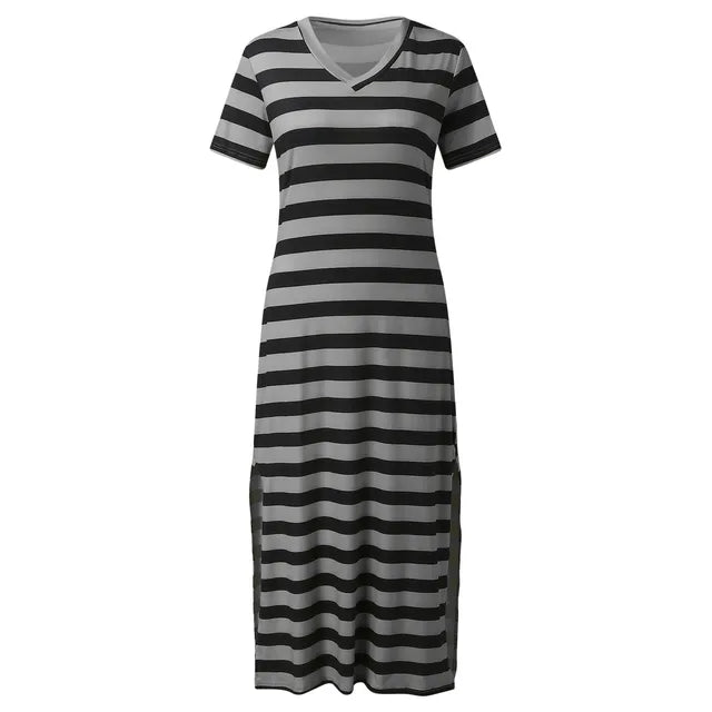 Womens Stripe Print Summer Dress Short Sleeve V Neck Casual Loose Long Dresses Bohemian Beach Split Maxi Vestidos Robes Longues