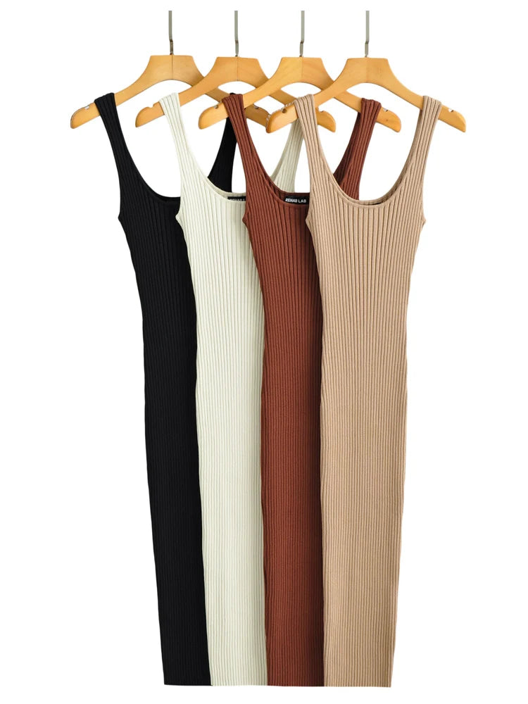 Summer Rib Knitted Stretchable Slim Midi Dress Women Sleeveless O-neck  Dresses robe femme