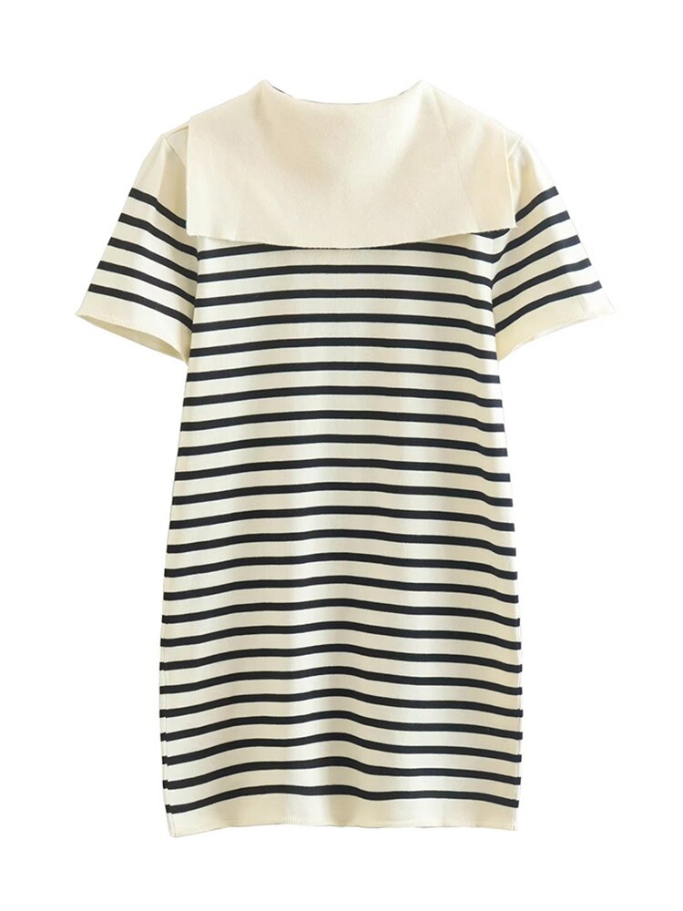 Female Striped Knitting Mini Dresses Spring Autumn Elegant Sailor Collar Dress Short Sleeve Preppy Style Vestidos