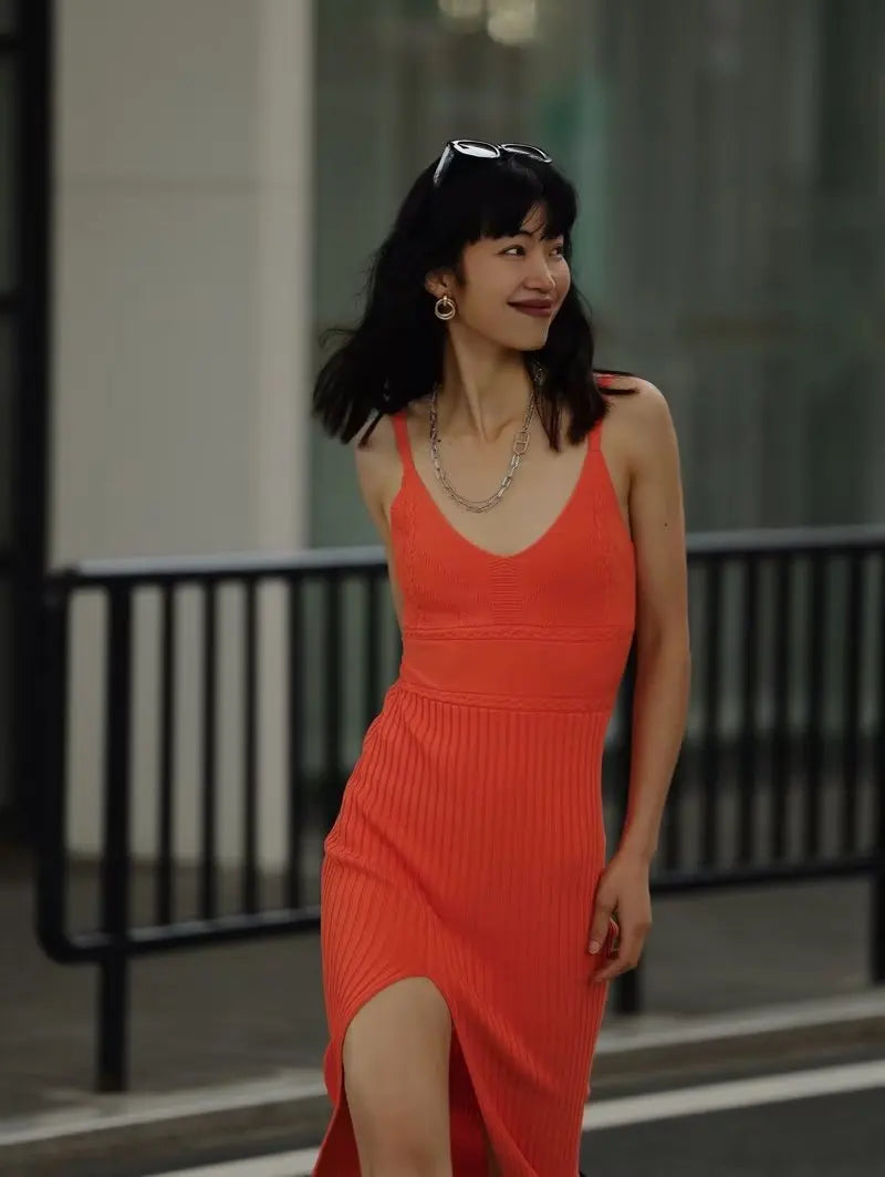 Summer V-neck Camisole Knitted Dress Women Elastic Slim Split Midi Dresses
