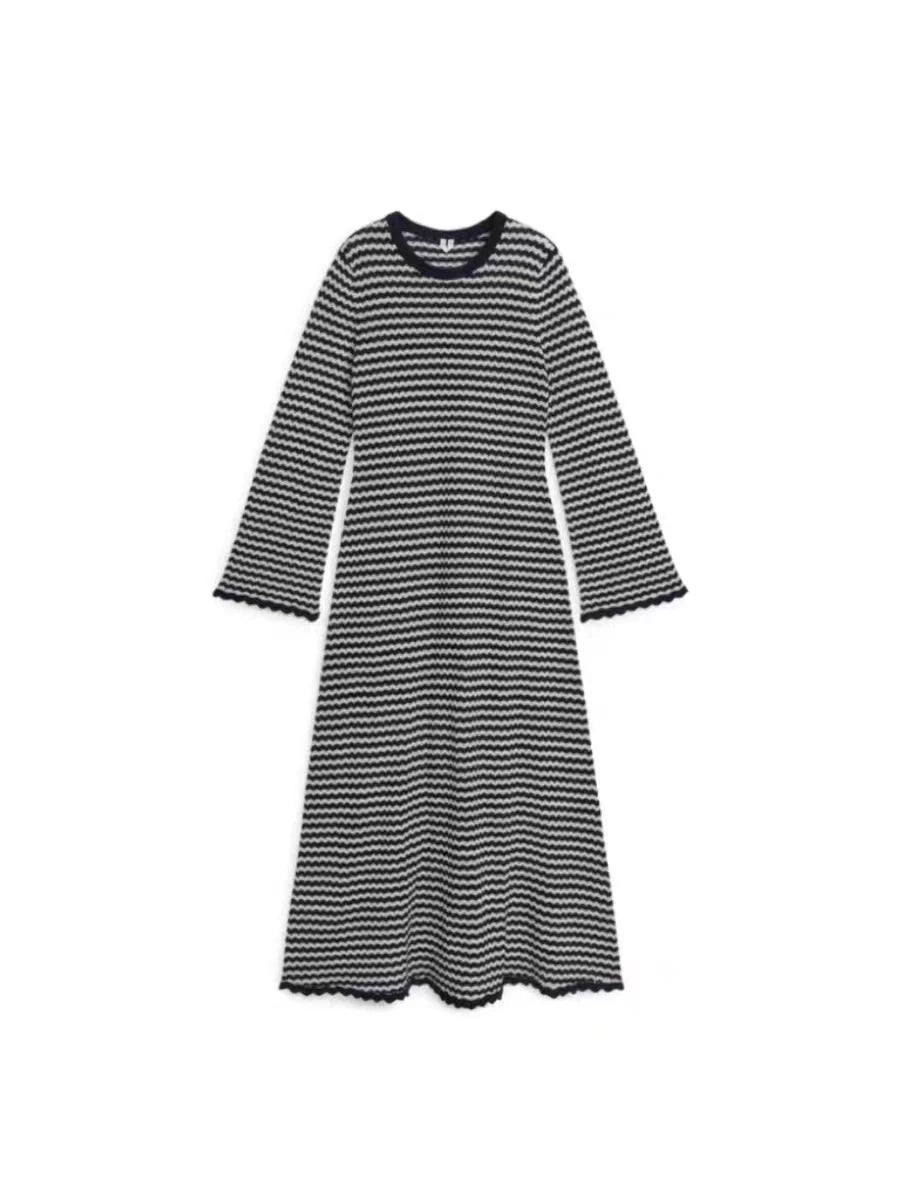 Elegant Workwear Striped Knit Long Maxi Dress Women Spring Flare Sleeve O-neck Dresses Casual Fashion Basic Vestidos Mujer