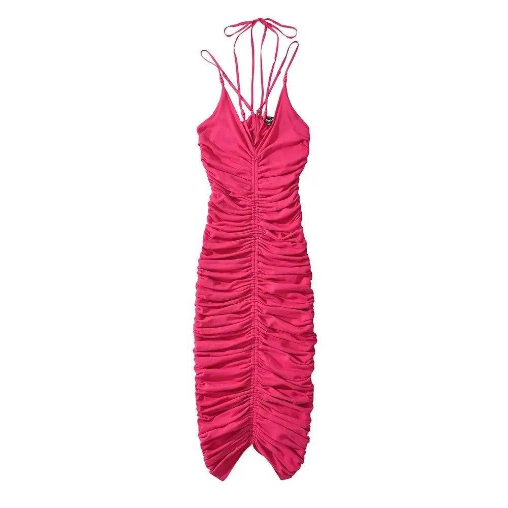 Women Beading Halter Midi Dress Summer Sleeveless Knitted Stretchable Elegant Design Dresses