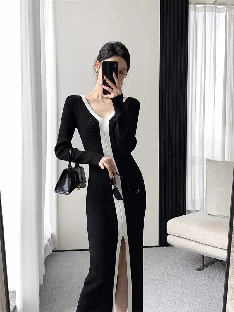 French Women Tight Split Knitted Long Dress Spring Autumn Black White Long Sleeve Midi V Neck Sexy Dresses Elastic