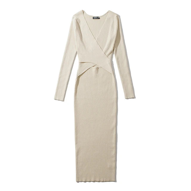 Women Long Sleeve Cross V-neck Dress  Elastic Slim Midi Solid Color Dresses robe femme