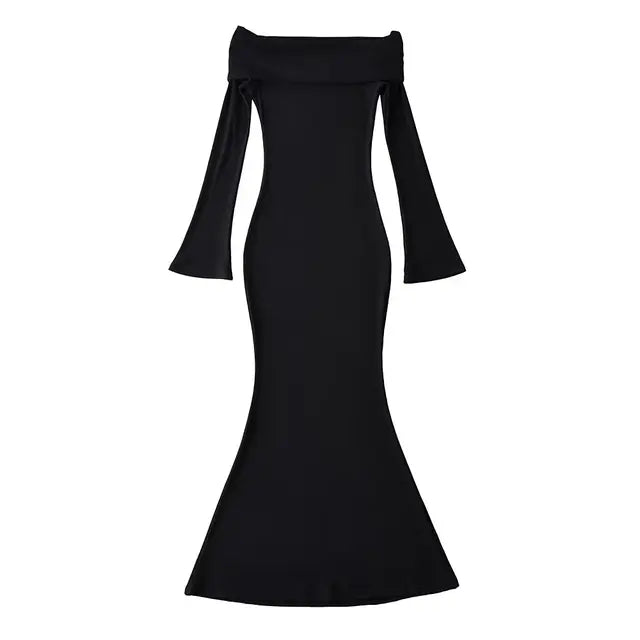 Women Off Shoulder Knitted Dress Long Sleeve Slim Elegant Stretchable 5 Colors Midi Dresses