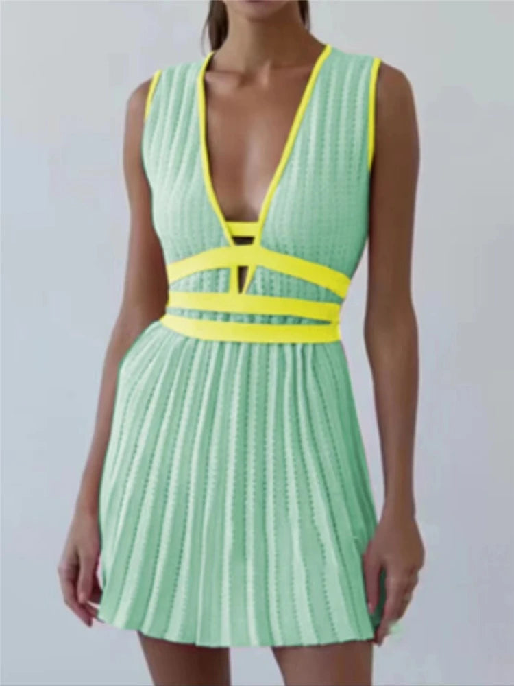 Summer Deep V-Neck Knitted Women's Dresses High Waist Lace Up Casual Sleeveless Solid Sexy Mini Dresses Female Ladies