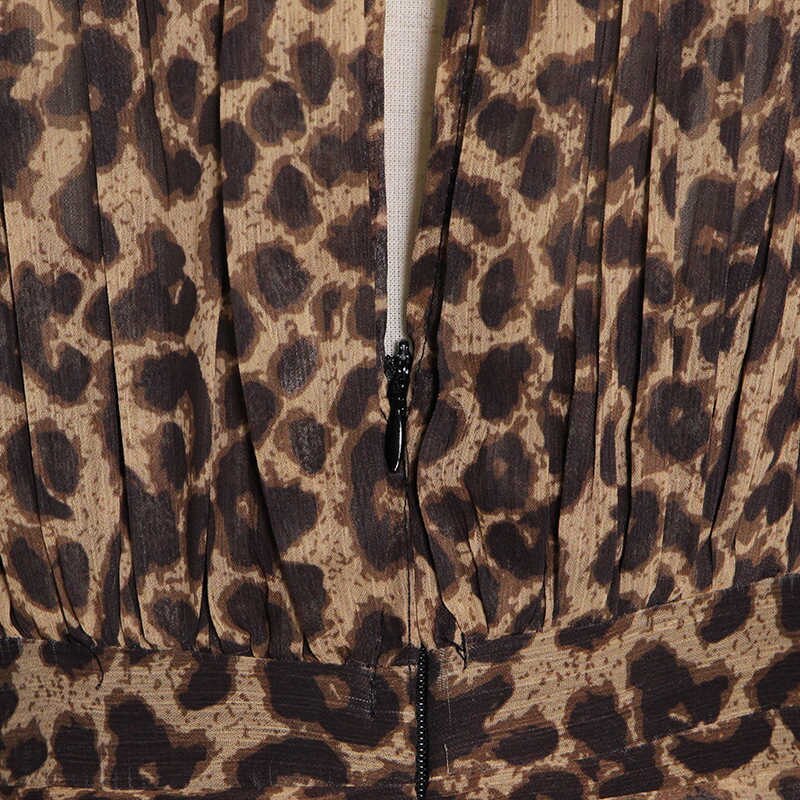 Women Stand Collar Lantern Long Sleeve High Waist Leopard Ruched Mini Dresses