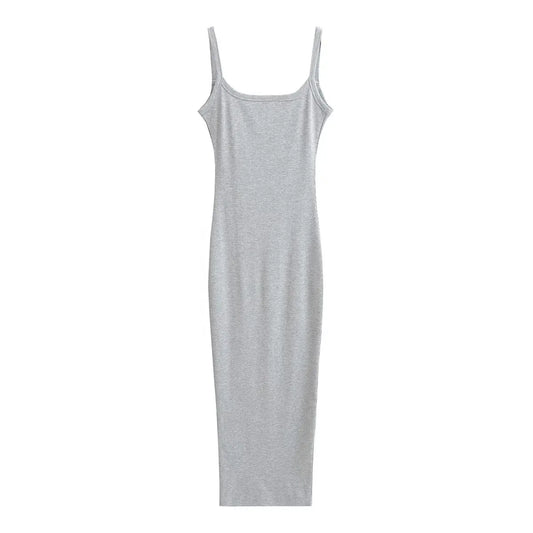 Women Sexy Backless Midi Dress Summer Spaghetti Strap Solid Color Stretchable Slim Dresses
