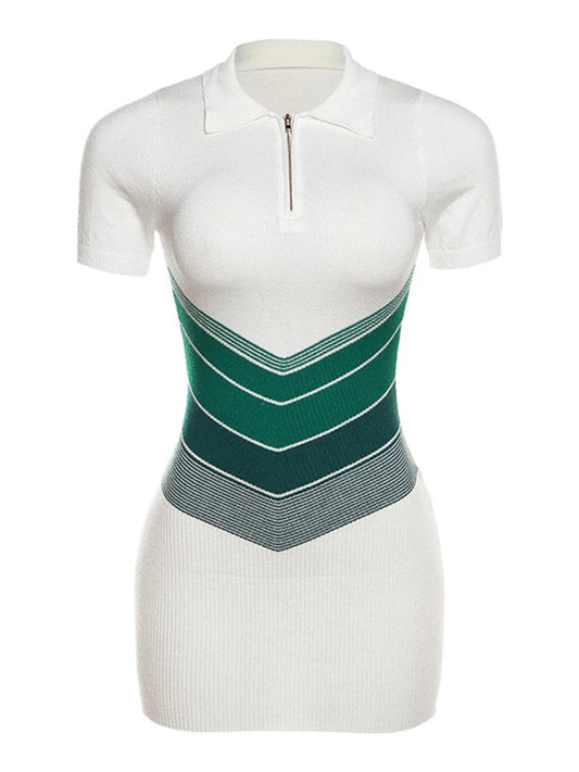 Fashion Women's Dress High Waist Short Sleeves Zipper Contract Color Slim Mini Knit A-line Dresses Summer