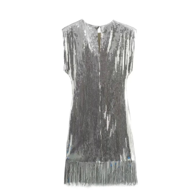 Woman Fashion Sequins Tassels Embellished Mini Dress Casual Slim Sleeveless V Neck Dresses