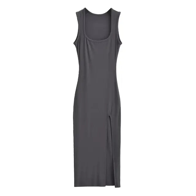 Summer Square Collar High Split Midi Dress Women Knits Stretchable Slim Dresses